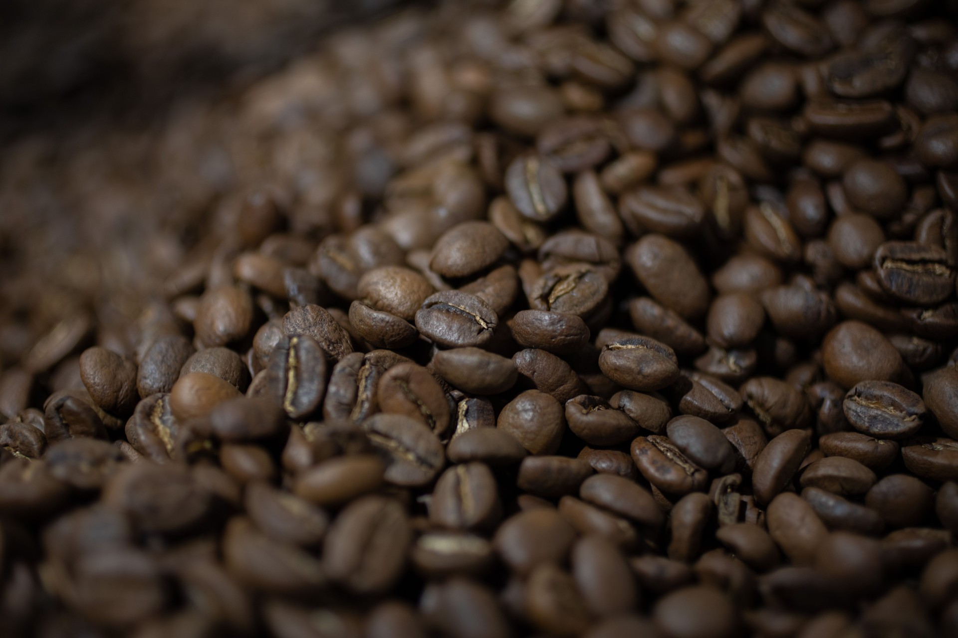 Um close-up de grãos de café preto torrados